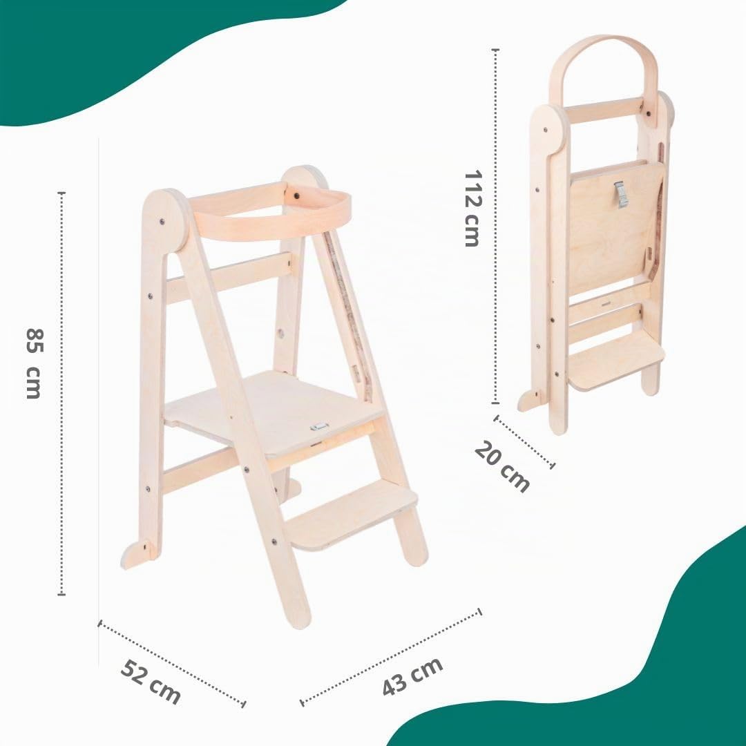 Mamatoyz 08FNAT Faltholz-Montessori-Lernturm, Faltbarer Mehrzweck-Lernturm aus natürlichem Birkenholz mit 2 einstellbaren Höhen