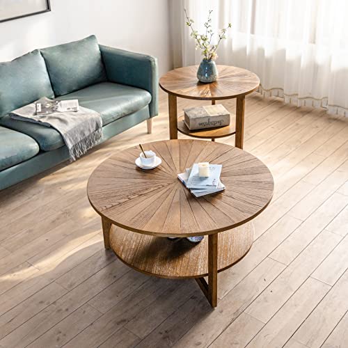Ds-Homeport Round Wood Coffee Table For Living Room, 2 Tier Solid Circle Round Coffee Table With Spacious Storage, Rustic Wood Center Coffee Tables, Round Farmhouse Coffee Table #TOP4