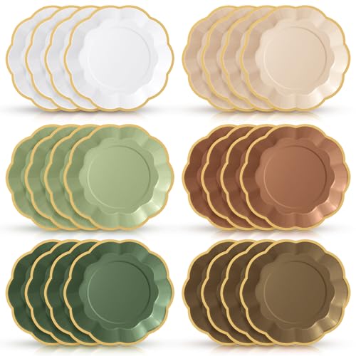 Tiangrid 72 Pcs Woodland Paper Plates 9 Inch Green and Brown Gradient Scalloped Paper Disposable Dinner Dessert Plates for Birthday Wedding Bridal Party Supplies, 6 Colors