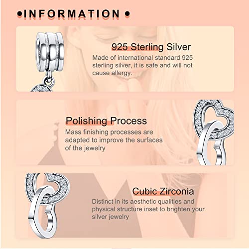 Image of Jewelry Charm Interlocking Hearts Dangle Charm Beads fit Bracelets Necklace,925 Sterling Silver Pendant Beads,Christmas Halloween Birthday Valentine's Day Gifts for Women Wife