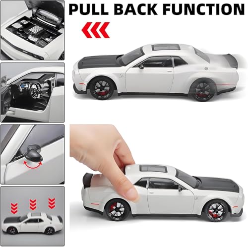 Image of 1:24 Dodge Challenger Diecast Toy Car - Multifunctional Alloy Model with Pull Back Action, Openable Doors, Bonnet & Boot, Sound & Light - Kids & Collector Gift (WHT+BLK)