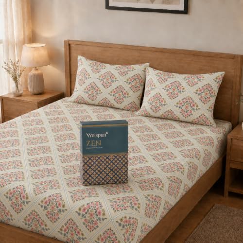 Image of Welspun Zen Microfiber Floral Double Bedsheet with 2 Pillow Covers | Percale Bed Sheet | Skin Safe, Breathable & Easy Care Bedding Set | Gift Set | Beige | 220 x 240 Cm