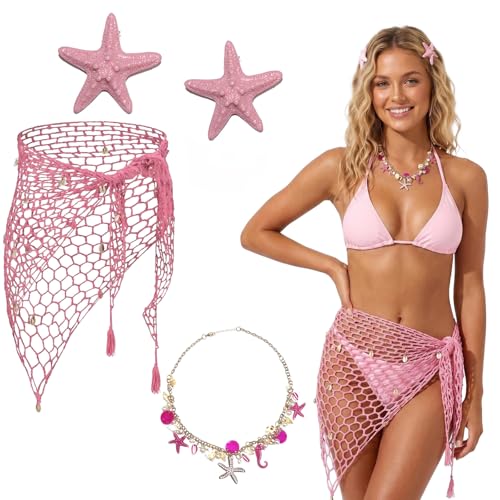 4PCS Mermaid Costume Accessories for Women Shell Crochet Fishnet Cover Up Skirt Starfish Hair Clips Seashell Necklace Summer Beach Vacation (Pink-F)
