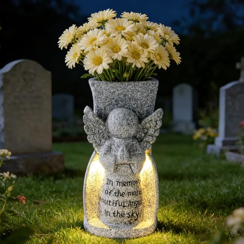 Solar Engel Grabvase mit LED Beleuchtung Resin Grabdekoration Blumenhalter für für Grabstein Grab Friedhof Garten Rasen Hof Dekorationen Beileid Geschenk & Trauer Deko