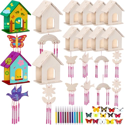 Feifeiya 12 Sets DIY Bird House Wind Chime Kit to Build and Paint 12 Unfinished Wooden Bird House 12 Wind Chime 19 Butterfly Sticker 12 Watercolor Arts and Crafts for Activity(Modern)