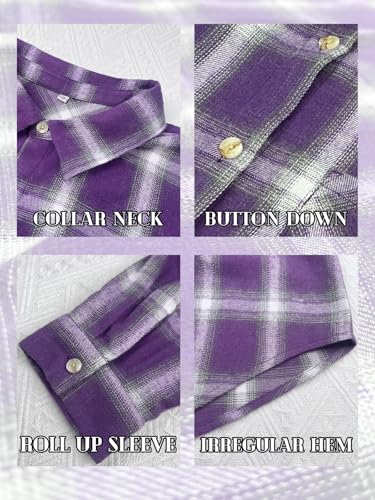 OLRIK Womens Plus Size Flannel Plaid Shirts Fall Roll Up Long Sleeve Collared Button Down Blouse Loose Fit Cozy Casual Top4