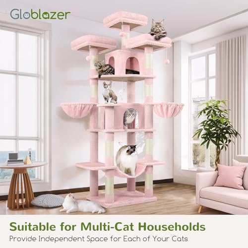 Image of Globlazer Big Pink Cat Tower for Indoor Cats, 80inch Cat Tower for Multiple Adult Cats XXL Cat Tree with Scratching Post, Hammock, 3 Perches, 2 Condos, 2 Hanging Basket, F80, Pink