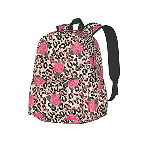Sac à dos décontracté motif léopard et roses avec finitions soignées pour PC 17 pouces