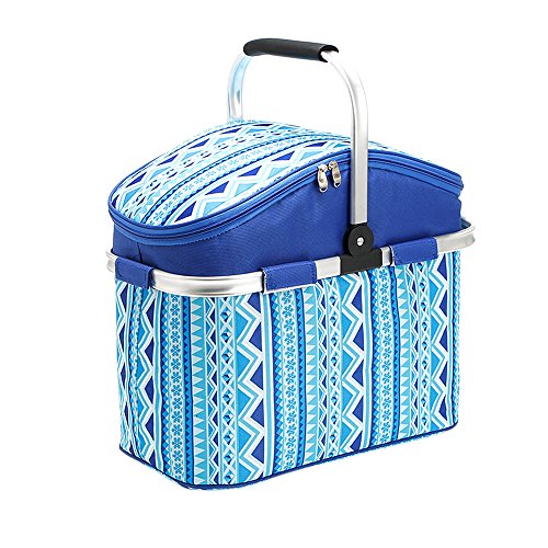 Folding Picnic Basket, SZSMD Waterproof Thermal 26L Insulated Cooler Basket Hamper, Portable Cooler Bag with Aluminum Handle Keeps Food Hot/Gold for Shopping, Beach, Picnic, Camping, BBQ