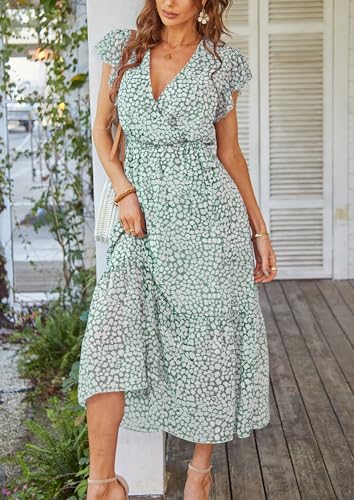 PRETTYGARDEN Women's Summer Floral Boho Maxi Dress Wrap Short Sleeve V Neck Ruffle A-Line Flowy Wedding Guest Long Dresses