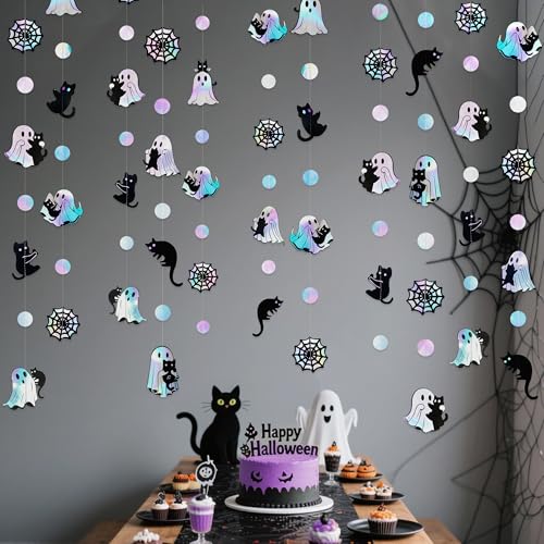Image of Iridescent Black Halloween Decorations Holographic Ghost Black Cat Spider Web Polka Dot Paper Hanging Garland Streamer Banner for Halloween Birthday Bachelorette Wedding Shower Party Supplies