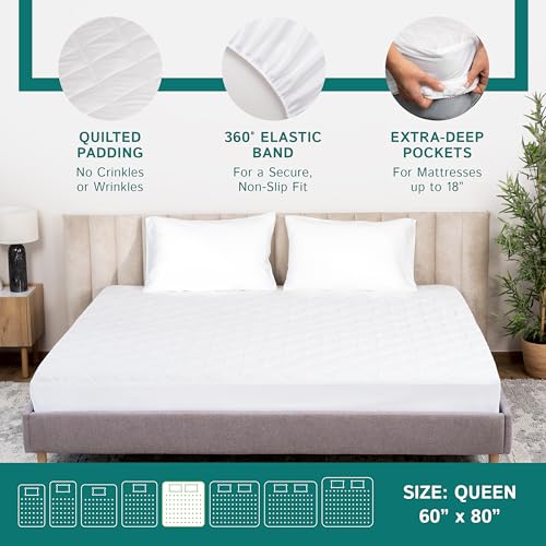 Queen Size Quilted Mattress Pad - Fitted Waterproof Mattress Protector, Pillow Top Mattress Topper, Premium Quality Hypoallergenic Mattress Cover