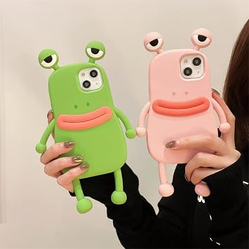 メンズ レディース 超面白い ノベルティ ホットドッグ ソーセージ 口 大きな目 グリーン カエル ピンク カエル スマホケース ソフト TPU シリコン ラバー フォンカバー iPhone 16 Pro Max対応 全身保護 - グリーン