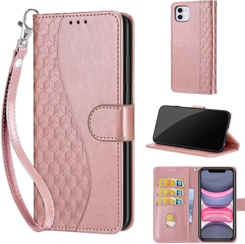 Coque en cuir synthétique gaufré iPhone 11 or rose avec finitions haut de gamme et rabat