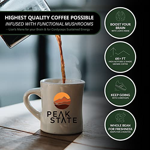 Peak State Coffee With Benefits - Mushroom Coffee Organic Coffee Beans - Brain Sustain Light Roast - Lion's Mane Coffee - Focus & Energy Support - Mold Free, Vegan, Paleo, Dairy & Gluten-Free (12 Oz Bag, Whole Bean - $1.13/Cup) #TOP5