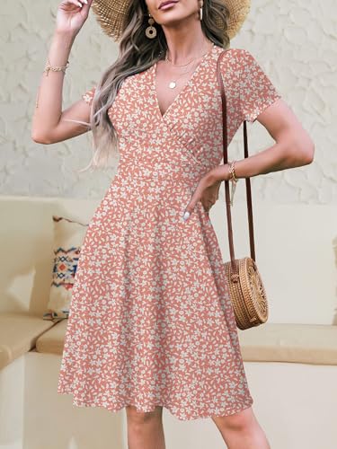 Image of MSBASIC Womens Summer Wrap V Neck Casual Dresses Floral Short Sleeve A-Line Midi Sundress
