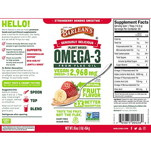 Barlean's Organic Oils Seriously Delicious Strawberry Banana Smoothie From Flax Oil With 2,968 Mg Of Omega-3 - Vegan, All-Natural Fruit Flavor, Non-Gmo, Gluten-Free - 16 Oz… #TOP1