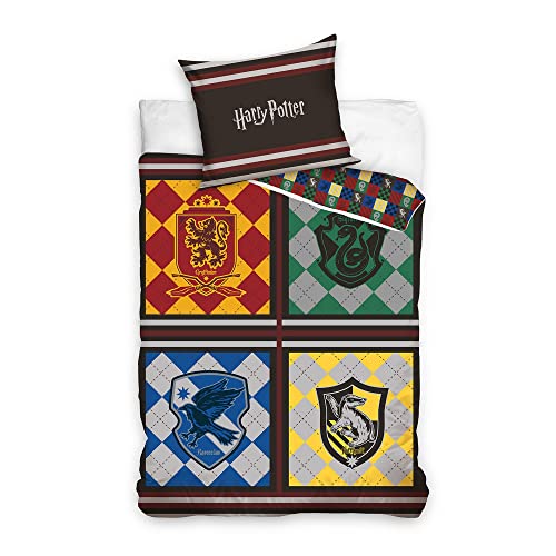 Juego de cama Harry Potter - Funda nórdica y funda de almohada 100% algodón 4 Casas 140 x 200 cm + funda de almohada de 65 x 65 cm