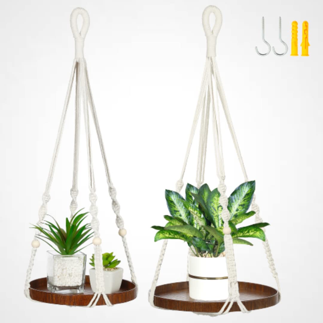 Shineloha 2PK Macrame Plant Hanger + Planter Shelf Extra Long, Heavy