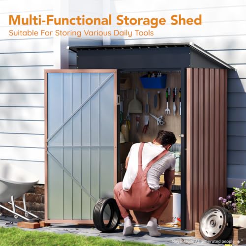 Image of Panovue 5X3X6.1FT Garden Storage Shed with Lockable Door,Steel Tool Shed with Sloping Roof,Anti-Corrosion Metal Shed for Backyard Patio Lawn (Wood Panels & Frame Floor Not Included)