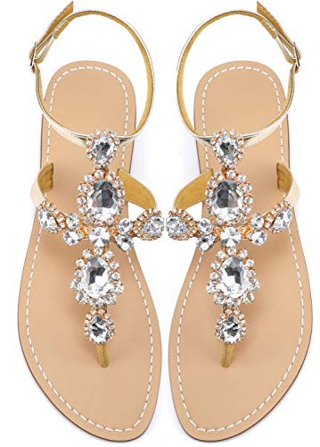 Image of ZhuLinFeng Women'S Rhinestone Gladiator Sandals Flat Wedding Sandals Gem Pearl Sparkling Bridal Bridesmaid Sandals Blue Bohemian Sandals