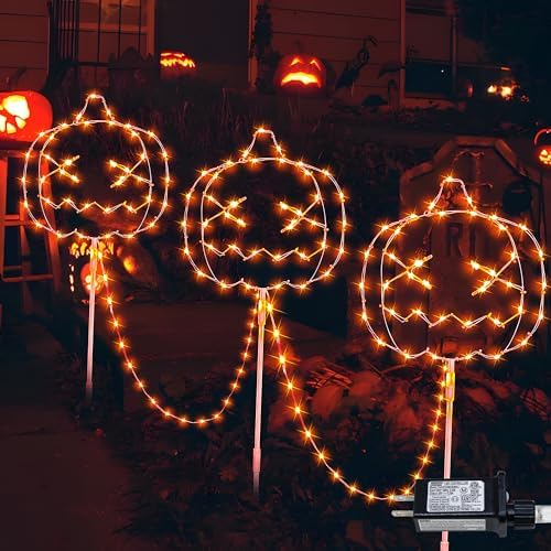 Halloween Garden Lights for Outside,3 Pack Orange Halloween Light Plug in,Timer 8 Modes Pumpkin Lights with Stake Outdoor Waterproof for Path,Fence,Patio,Yard,Party,Spooky Decor