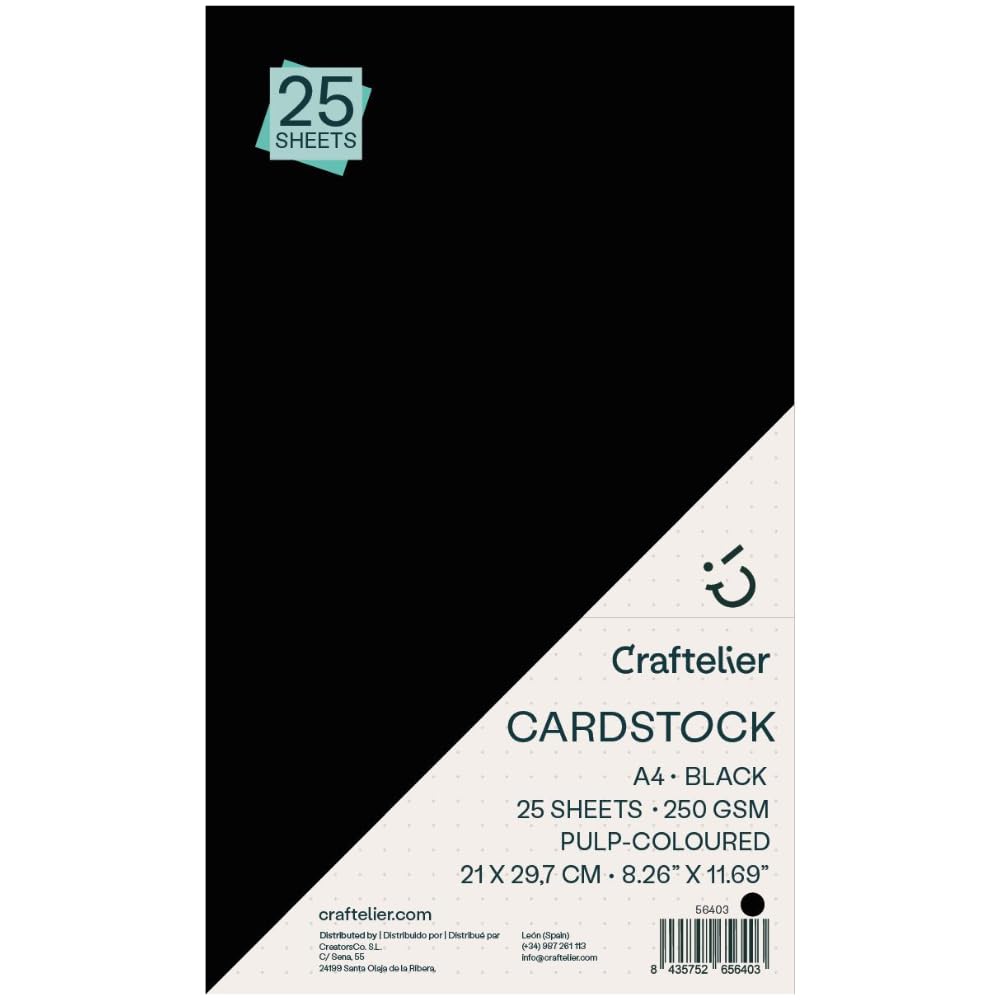 Craftelier 25 Fogli Cartoncino Nero A4 250gsm Liscio per Fustellatura, Biglietti, Scrapbooking