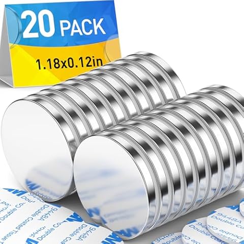 Grtard 20Pack Neodymium Magnets Heavy Duty Rare Earth Magnets, Super Strong Neodymium Disc Magnets with Double-Sided Adhesive for DIY, Building, Fridge, Craft, Office - 1.18”D x 0.12”H Cover