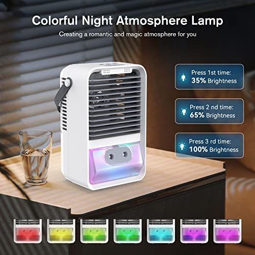 mini climatiseur portable, mini refroidisseur d'air climatiseur 4 en 1 avec aromathérapie et humidificateur, 3 vitesses mini ventilateur humidificateur avec 7 couleurs led pour maison, bureau chambre