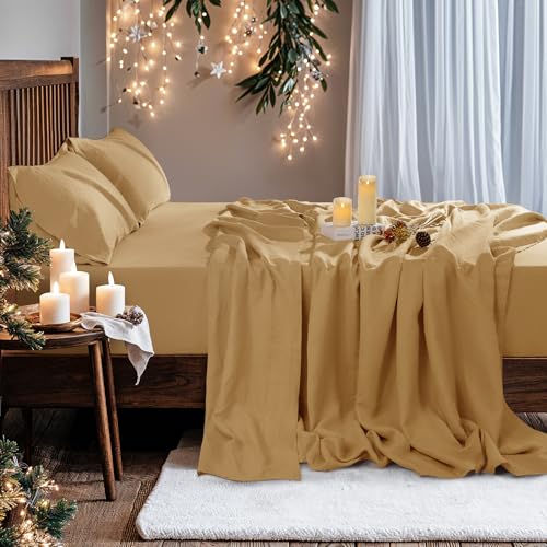 Image of 100% Pure Linen Sheet Set for Hot Sleepers, Breathable Natural Linen Sheets 4pcs, Bedding Set Deep Pocket Up to 16 inch Moisture-Wicking, Softens with Every Wash (Rust, Cal King)