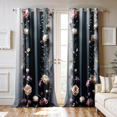 Image of Ultimate Trends Room Darkening Digital Printed 3D Prints Curtain 65-70% Opacity,Diamond Eyelets, Tie Back, Floral Decorated, 7 FEET Pack of 2,Charcoal Gray Ivory