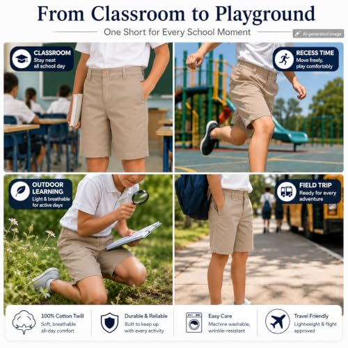 Image of Bienzoe Boys School Uniform Shorts: Flat Front Cotton Bermuda - Adjustable Waist - Breathable for Church Outdoor - Aged 4-13