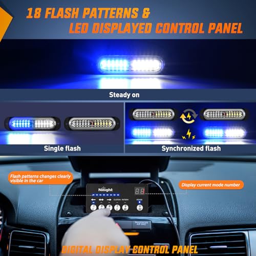 Image of Nilight 8PCS Led Strobe Lights with Controller 12V 24V Sync Blue White | 12 LED Surface Mount Emergency Hazard Warning Lights with Strobe Controller for Vehicle Car Truck RV ATV