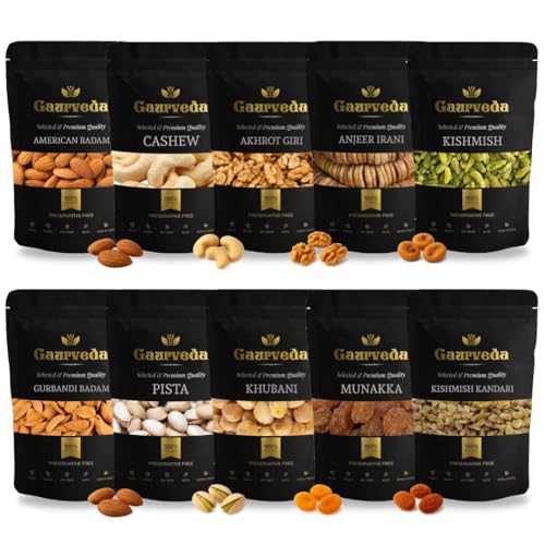 Image of Gaurveda 10 Types of Dry Fruits - American & Gurbandi Badam, Kaju, Kishmish, Kandhari Kishmish, Pista, Anjeer, Munakka, Khubani & Akhrot Giri (100 Grams Each, 10 Types of Dry Fruits)
