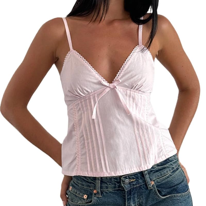 Women Y2k Babydoll Tank Tops Lace Trim V Neck Crop...