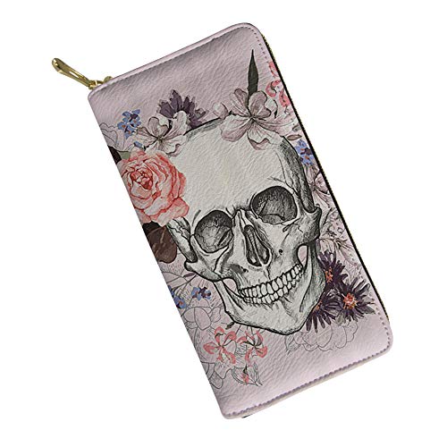 Cartoon Girl Wallet,Pink Credit Card Holder with Zipper For Women,Skull Print