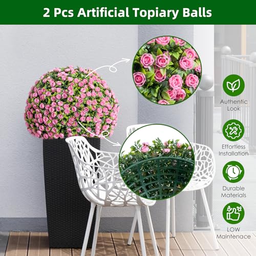 17.7" Artificial Topiary Flower Balls, Set of 2 Decorative Topiary Balls Hanging Grass Ball for Home Decor Indoor and Outdoor,Pink