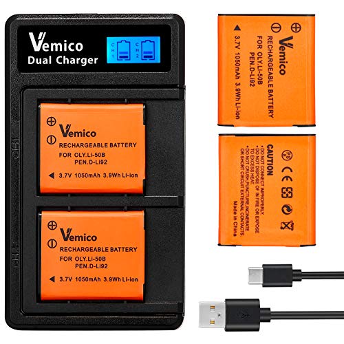 Vemico LI-50B Battery Charger Set 2x1050mAh Replacement Batteries with LCD Type-C USB Dual Charger for Olympus Li-50B/Pentax D-Li92/Ricoh DB-100/SP-720UZ/ SP-800UZ/Olympus SZ-10/SZ-12/TG-610