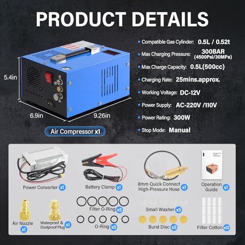 Image of Portable PCP Air Compressor 4500 PSI / 30 MPa: Built-In Transformer & Fan, Oil /Water-Free, One-Button Start, for Air Rifles, Dive Tanks, & Compressors, Supports 110VAC Home & 12VDC Vehicle Power.