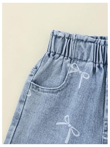 WDIRARA Girl's Cute Bow Pattern Jeans Elastic Waist Wide Leg Denim Pants3