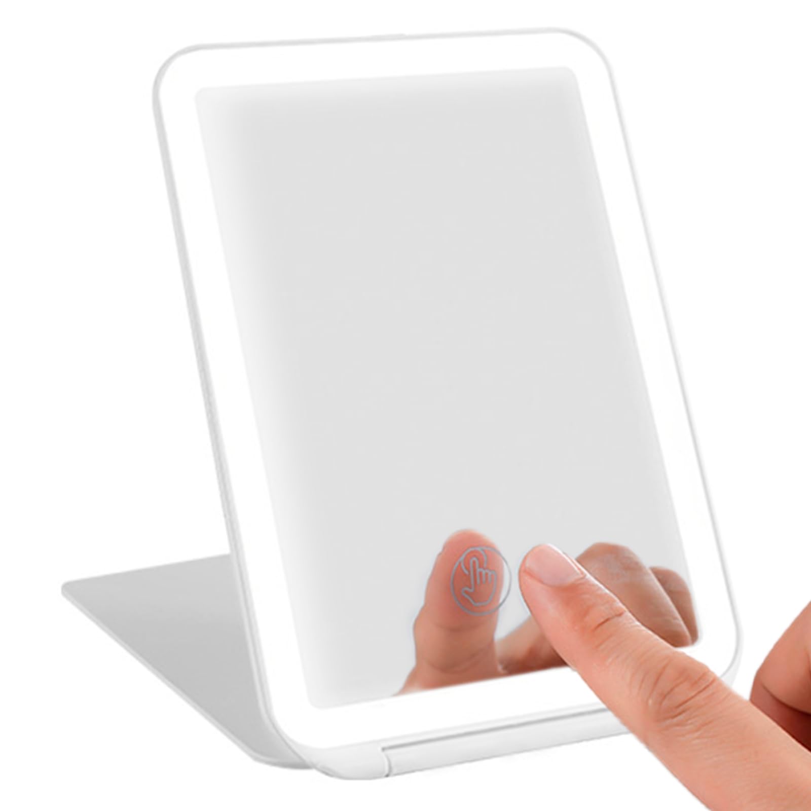 Sporgo Espejo cosmético recargable con iluminación: espejo de mesa con 72luces LED, pantalla táctil regulable con 3colores de luz, 125grados de rotación libre, espejo de maquillaje plegable de viaje