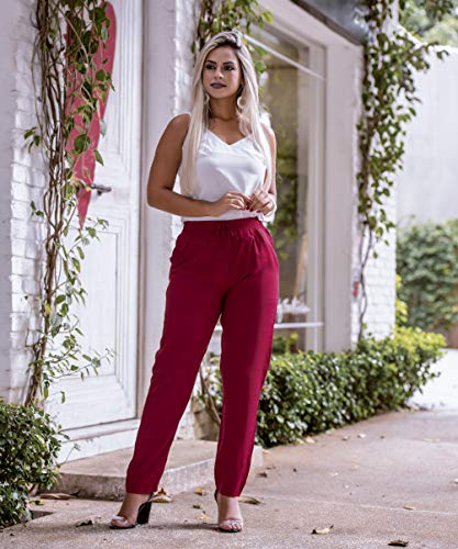 Calça Feminina Jogger Social Festa Cintura Alta Com Cordão (GG/44, Azul)