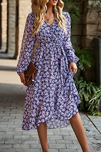 Image of PRETTYGARDEN Women's Floral Boho Dress Fall Long Sleeve Wrap V Neck Ruffle Flowy Maxi Spring Wedding Guest Vacation Dresses