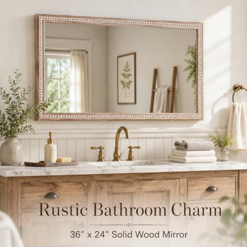Image of Wooden Bathroom Wall Mirror, 36x24x1.25 inch Solid Wooden frame, White Antique | Rustic Solid Wood Vanity Mirror, Farmhouse Decorative Mirror for Home, Vertical & Horizontal Hanging, Wood Finish