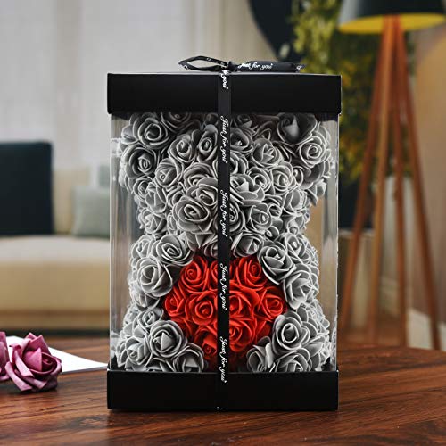 Yiwuhongyuz Rose Bear -Over 250+ Flowers Rose Teddy Bear -Valentines Day Gifts For Girlfriend Women, Flower Bear Gifts For Mothers Day For Mom, Anniversary Birthday Gifts - Rose Bear With Box (Grey) #TOP7