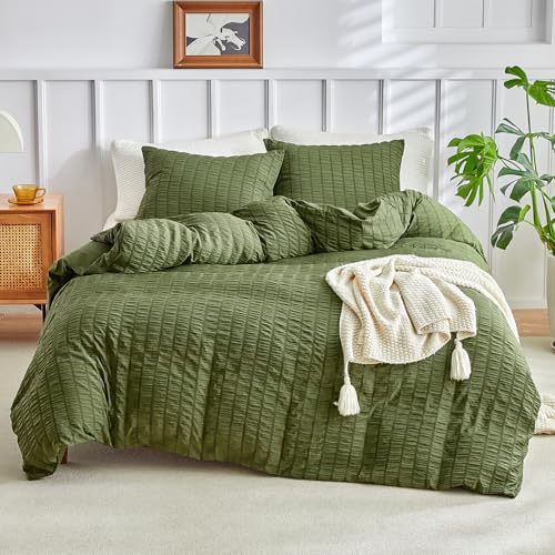 DuShow Olive Green Duvet Cover Double,3 Pieces Seersucker Bedding Set,Textured Duvet Set with 2 Pillowcases for Double Bed, Soft Microfiber Duvet Cover Set 200x200 cm,Green