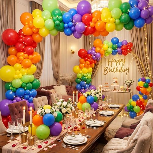 Image of RUBFAC 135pcs Rainbow Balloons, Latex Colorful Balloon Different Sizes 18 12 10 5 Inch for Garland Arch Birthday Party Decorations