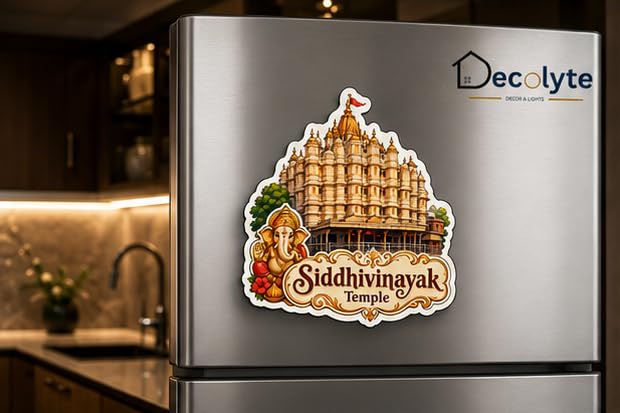 Image of Siddhivinayak Temple Theme Wooden Fridge Magnet Souvenir | 3x3 in Kitchen Home Decor Gift