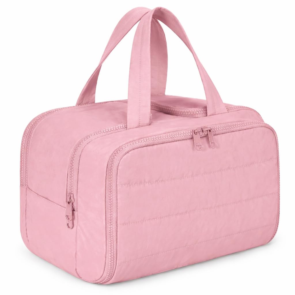Cosmetic Travel Bag for Women | Large Lightweight Wide-Open Toiletry & Makeup Bag Organizer with Handle | Puffy Cosmetic Storage Bag for Accessories | Waterproof Cosmetic Bag (Pink)-image-11