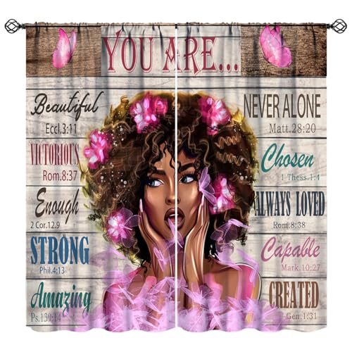 Black Girl Blackout Curtains Words of Inspiration Rustic African American Bedroom Living Room Kitchen Drapes Curtains for Girls Woman Butterfly Kids Girly Queen Sparkly Pink Wood Plank 42x45 Inch
